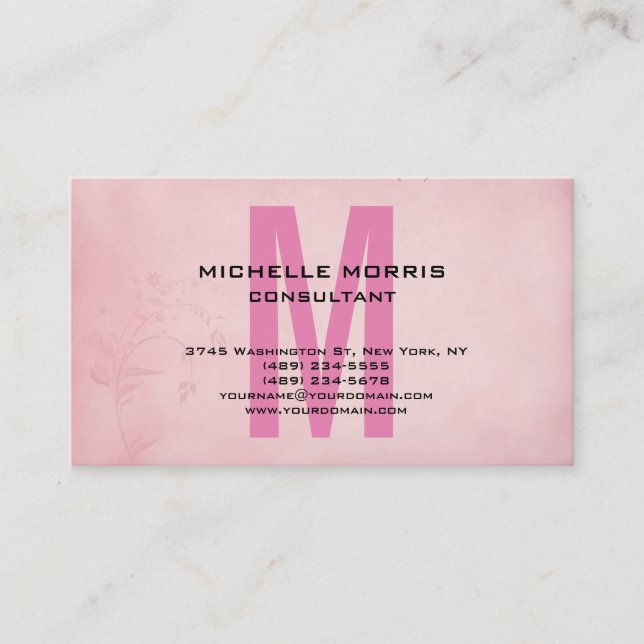 Vintage Flower Unique Pink Classical Monogram Business Card (Front)