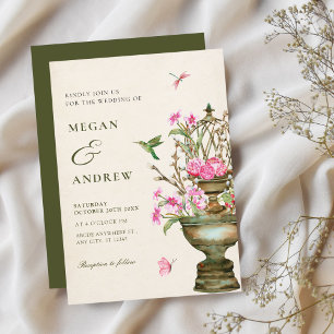 Vintage flower vase bouquet garden wedding invitation