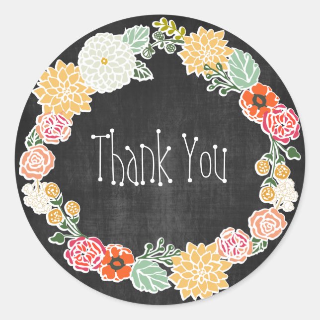 Vintage Flowered Wreath Thank You Classic Round Sticker (Front)