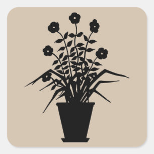 Vintage Flowering Plant Silhouette Dark Vanilla Square Sticker