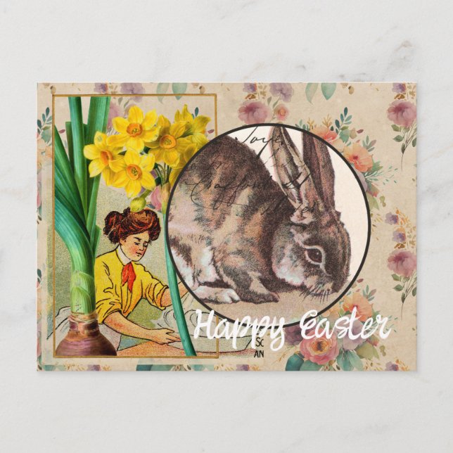 Vintage Flowers and Bunny Collage Easter Postcard (Front)