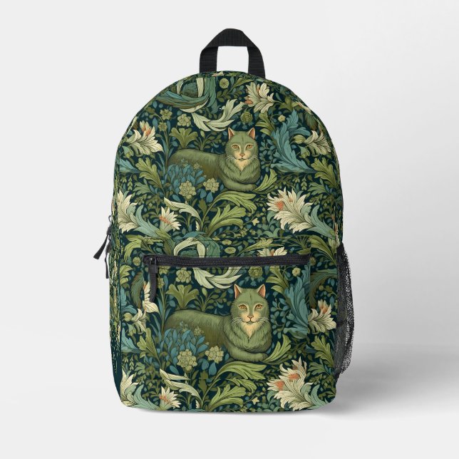 Vintage flowers and cats pattern monogram printed backpack (Front)