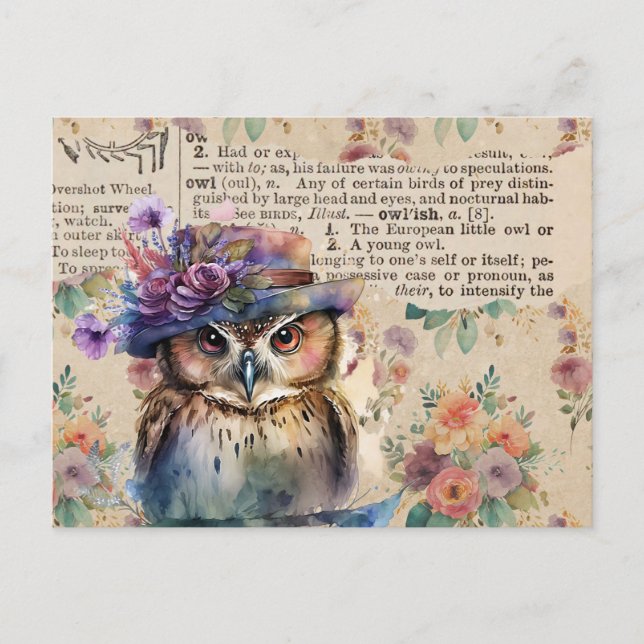 Vintage Flowers and Owl Postcard (Front)