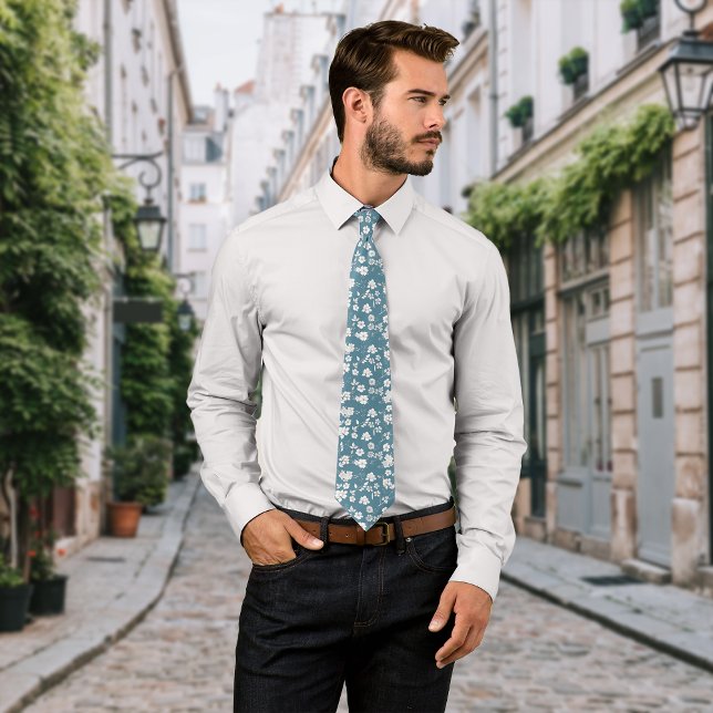 Vintage Flowers Antique Blue Personalize Initial Tie (Creator Uploaded)