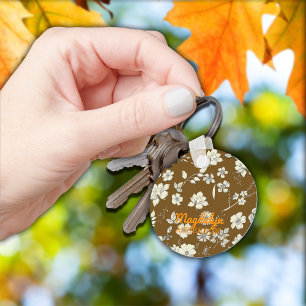 Vintage Flowers Antique Brown Personalize Name Keychain