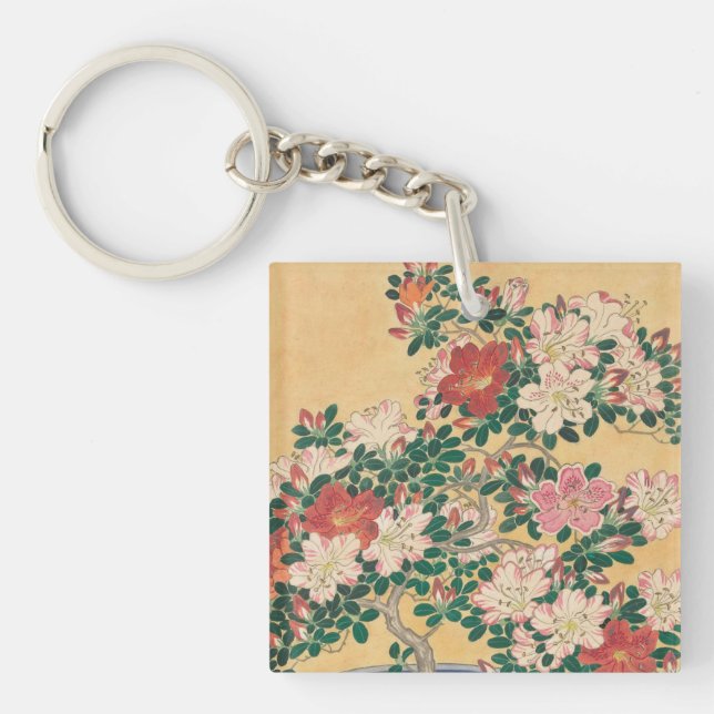 Vintage Flowers Azalea Japanese Painting Keychain (Front)