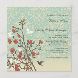 Vintage flowers, bird + damask wedding invitation