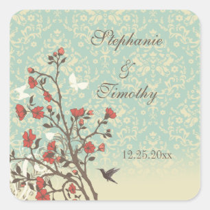 Vintage flowers bird + damask wedding stickers