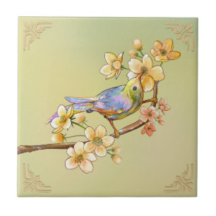 Vintage Flowers & Birds Aviary Art Tile