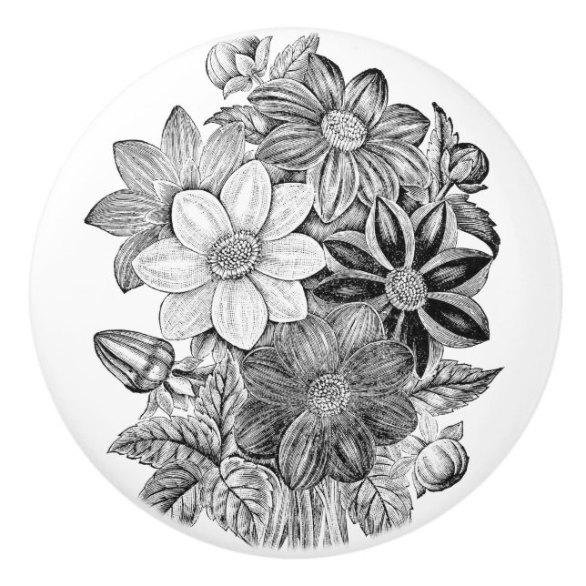 Vintage Flowers Black White Print Ceramic Knob (Front)