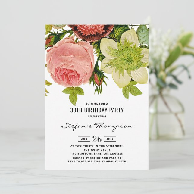 Vintage Flowers Botanical 30th Birthday Party Invitation (Standing Front)
