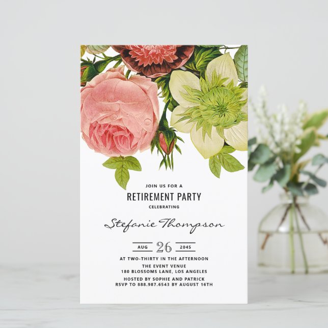 Vintage Flowers Botanical Retirement Invitation (Standing Front)