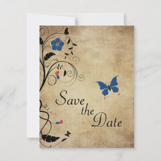Vintage Flowers Butterflies Wedding Save the Date Invitation (Front)