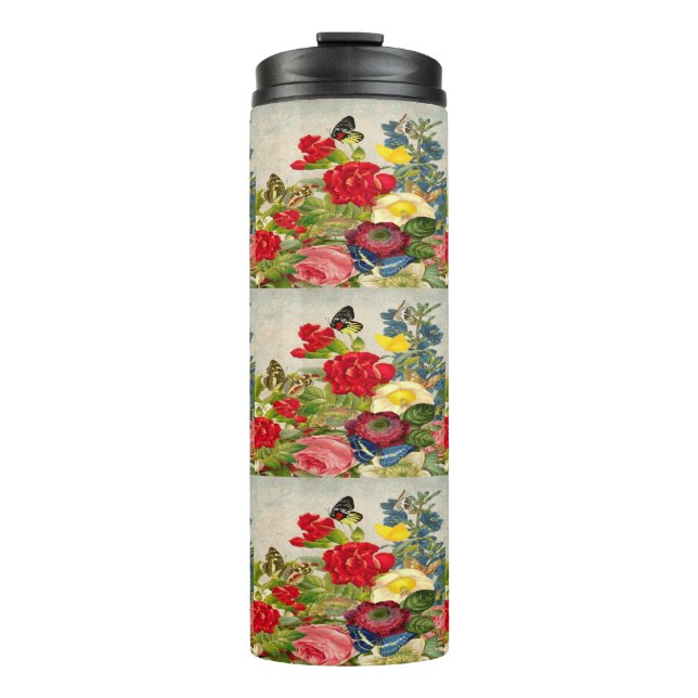 Vintage Flowers Butterfly Pattern Thermal Tumbler (Front)