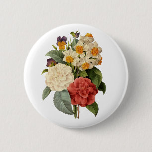 Vintage Flowers, Camellias and Narcissus, Redoute 2 Inch Round Button