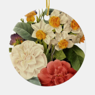 Vintage Flowers, Camellias and Narcissus, Redoute Ceramic Ornament