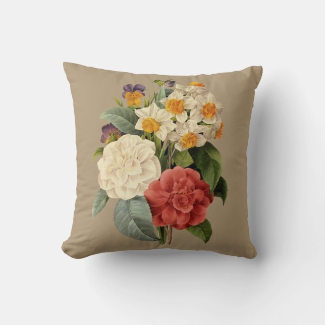 Vintage Flowers, Camellias and Narcissus, Redoute Throw Pillow (Front)