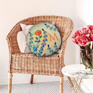 Vintage Flowers Carnation Tulips Monogrammed Round Pillow