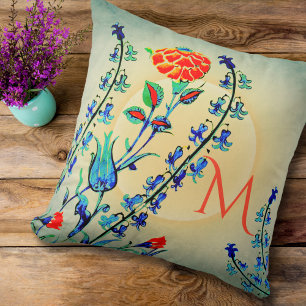 Vintage Flowers Carnation Tulips Monogrammed Throw Pillow