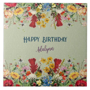Vintage Flowers Custom Greeting Name Pastel Green Tile