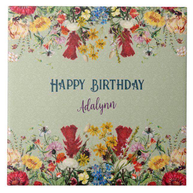 Vintage Flowers Custom Greeting Name Pastel Green Tile (Front)