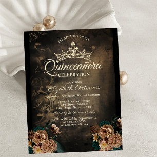 Vintage Flowers Damask Dark Gothic Quinceañera  Invitation