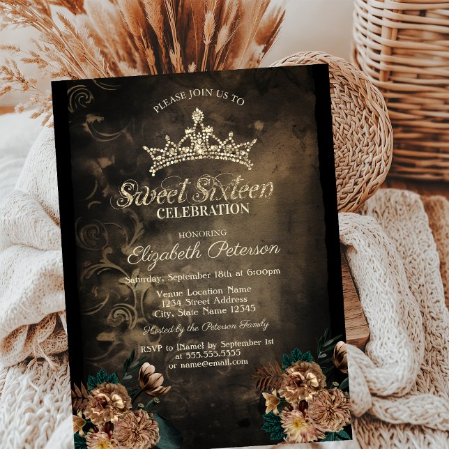 Vintage Flowers Damask Dark Gothic Sweet 16 Invitation (Creator Uploaded)