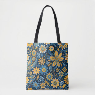 Vintage Flowers Design Hippie Retro Yellow Blue Tote Bag