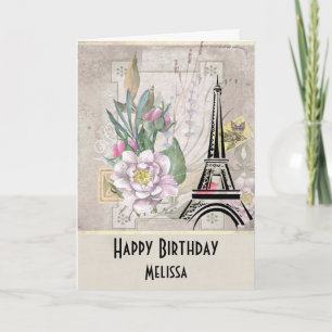 Vintage Flowers, Eiffel Tower and Burlap Birthday Card