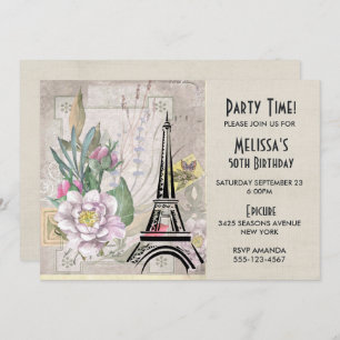 Vintage Flowers, Eiffel Tower and Burlap Birthday Invitation