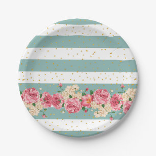 Vintage flowers gold faux glitter dots stripes paper plate