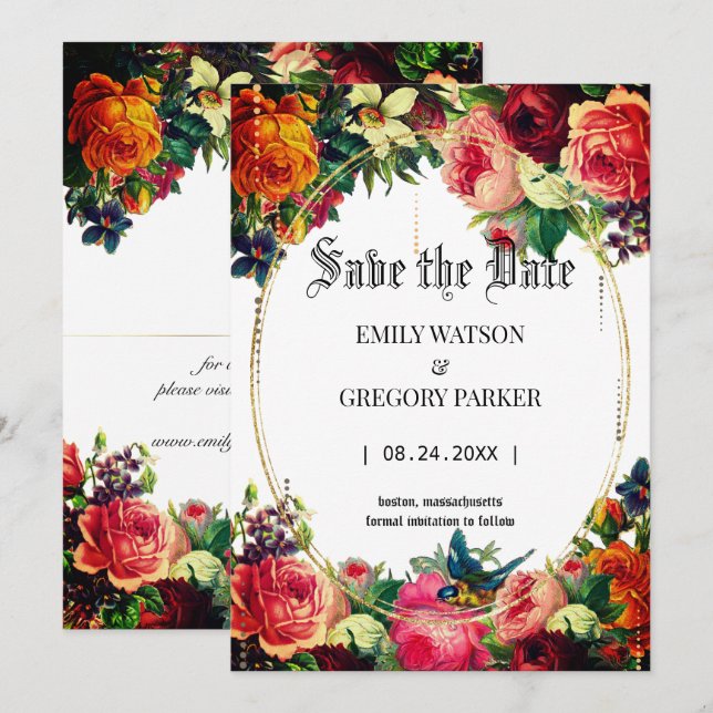 Vintage flowers,gold frame save the date (Front/Back)