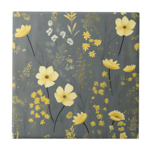 Vintage Flowers Grey and Yellow Tile