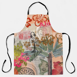 Vintage Flowers Hula Colorful Hawaiian Tropical Apron
