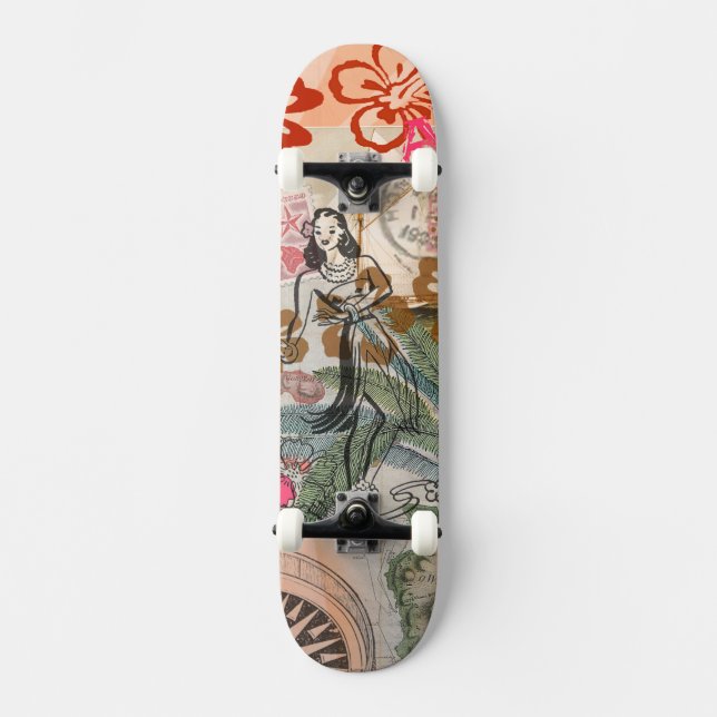 Vintage Flowers Hula Colorful Hawaiian Tropical  Skateboard (Front)