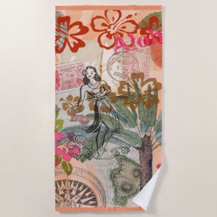 Vintage Flowers Hula Colourful Hawaiian Tropical Beach Towel