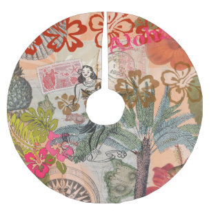 Vintage Flowers Hula Colourful Hawaiian Tropical Brushed Polyester Tree Skirt