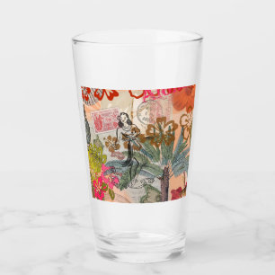 Vintage Flowers Hula Colourful Hawaiian Tropical Glass