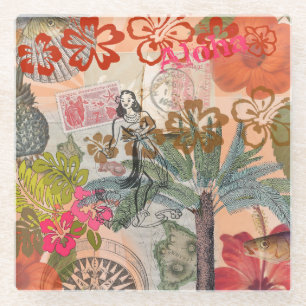 Vintage Flowers Hula Colourful Hawaiian Tropical Glass Coaster