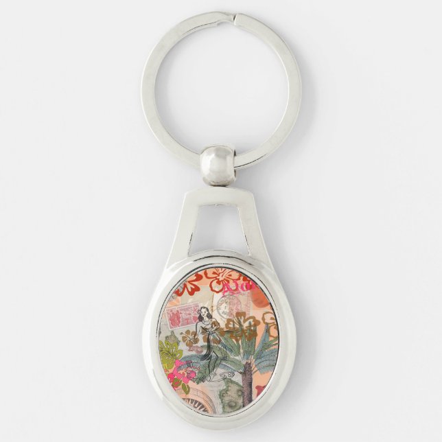 Vintage Flowers Hula Colourful Hawaiian Tropical  Keychain (Front)