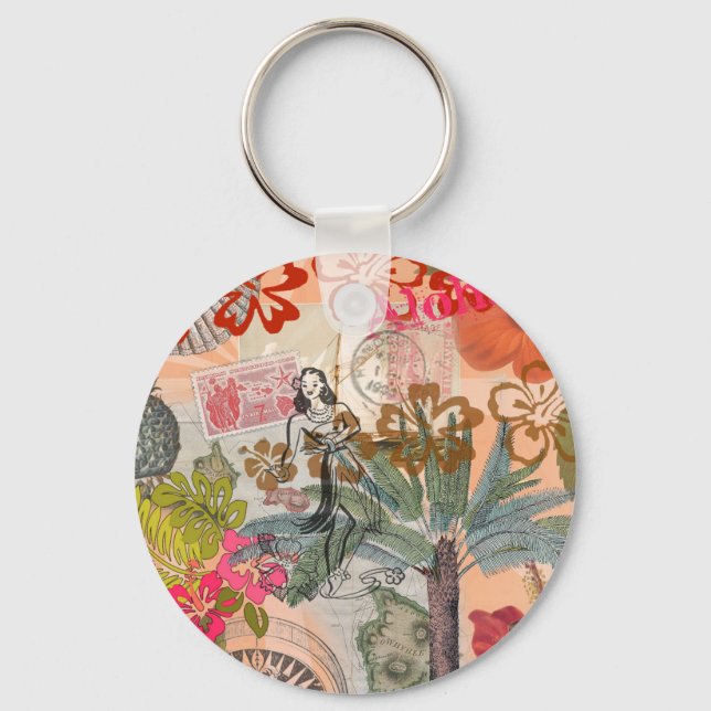 Vintage Flowers Hula Colourful Hawaiian Tropical  Keychain (Front)
