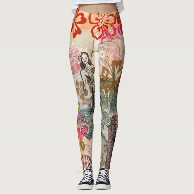 Vintage Flowers Hula Colourful Hawaiian Tropical  Leggings (Front)