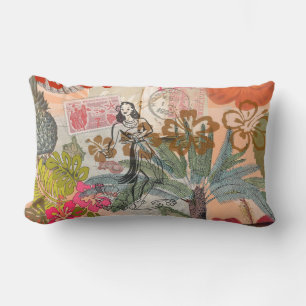 Vintage Flowers Hula Colourful Hawaiian Tropical Lumbar Pillow