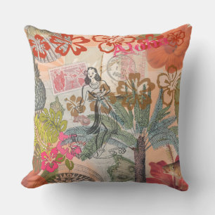 Vintage Flowers Hula Colourful Hawaiian Tropical Outdoor Pillow