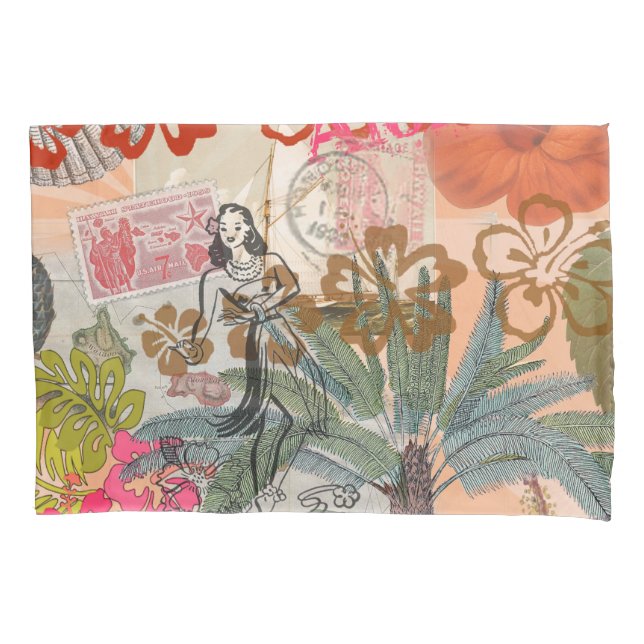 Vintage Flowers Hula Colourful Hawaiian Tropical  Pillowcase (Front)