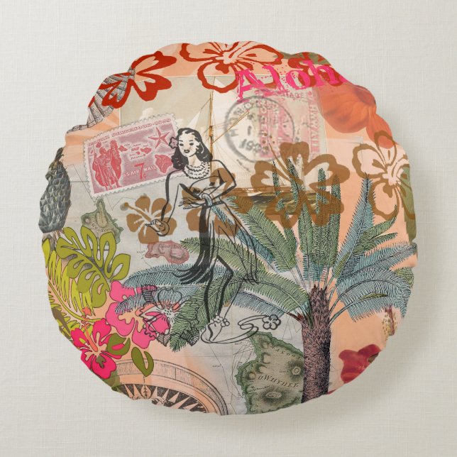 Vintage Flowers Hula Colourful Hawaiian Tropical  Round Pillow (Front)