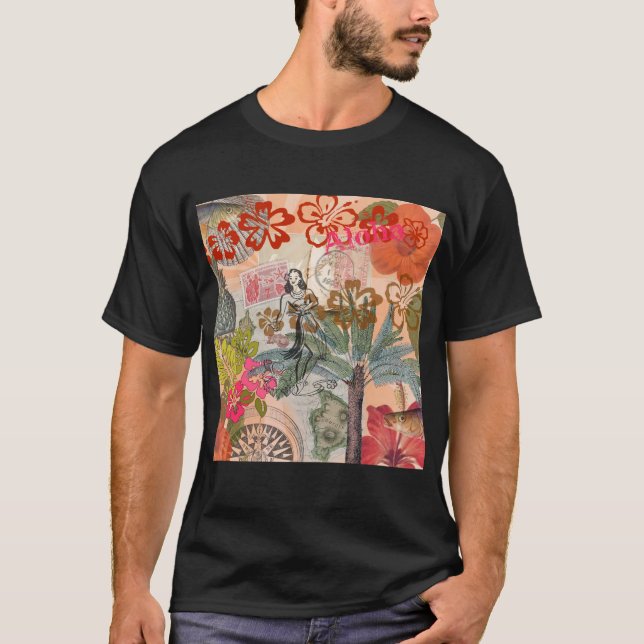 Vintage Flowers Hula Colourful Hawaiian Tropical  T-Shirt (Front)