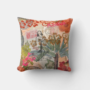 Vintage Flowers Hula Colourful Hawaiian Tropical Throw Pillow