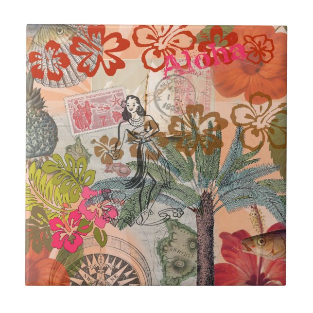 Vintage Flowers Hula Colourful Hawaiian Tropical  Tile (Front)