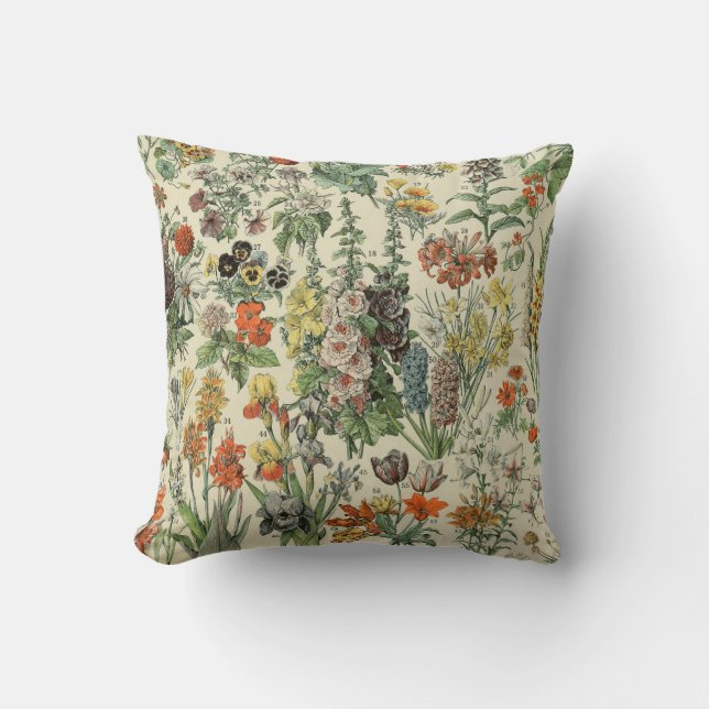 Vintage Flowers Illustration Adolphe Millot Throw Pillow (Front)